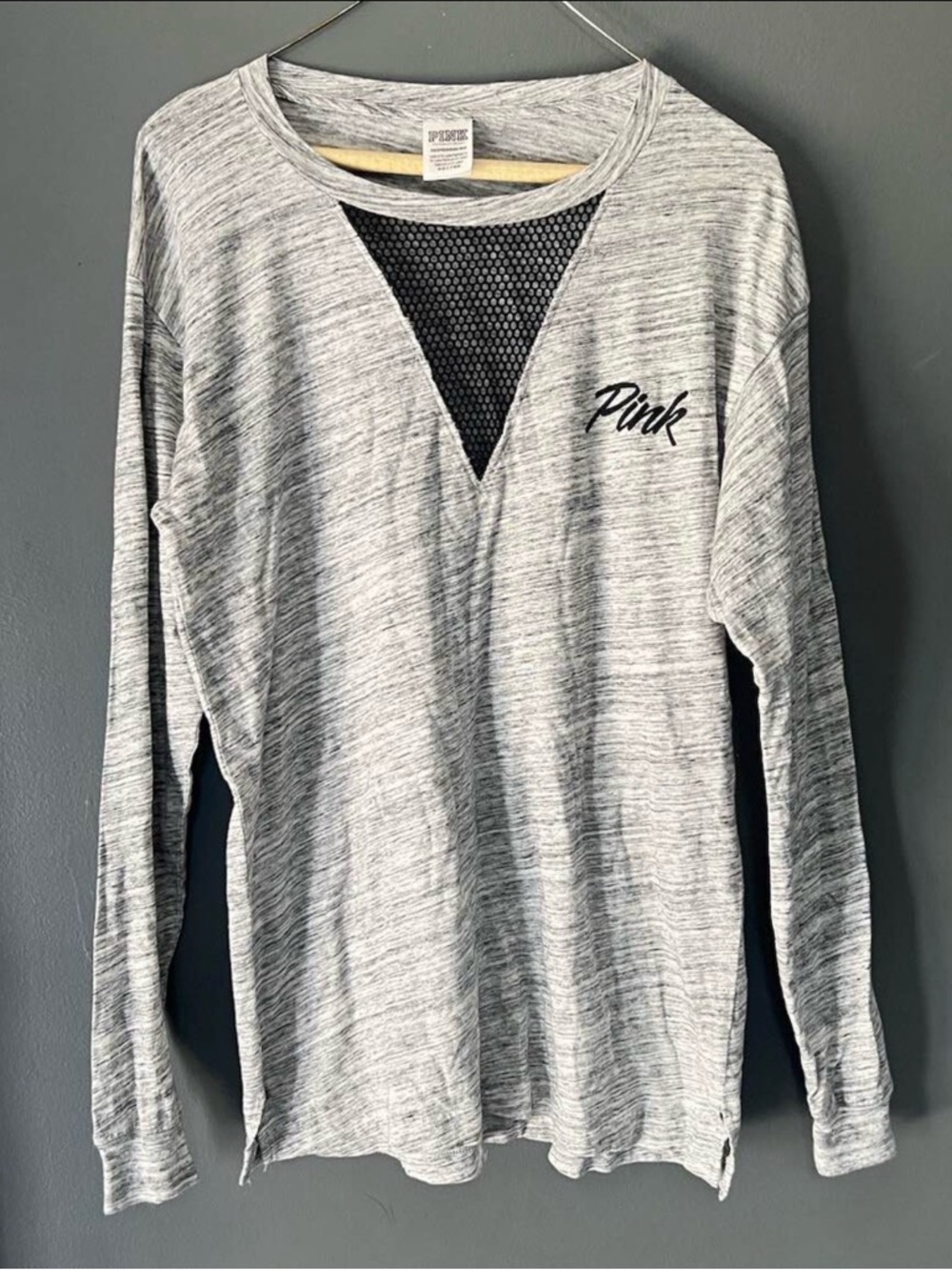 PINK Victoria's Secret Gray Heather Long Sleeve Top with Black Mesh
